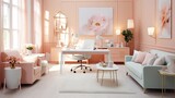 A sophisticated office space with pastel peach accents and modern decor