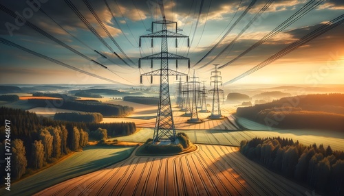 High Voltage Power Towers Stretching Across A Serene Rural Landscape photo