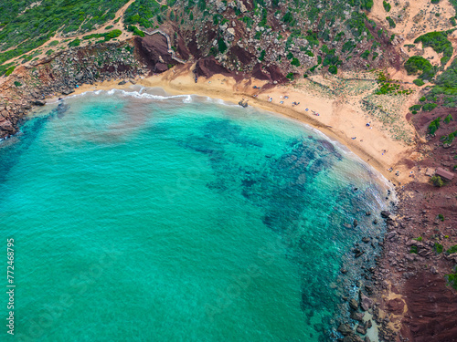 Aerial drone view of Cala del Pilar beach scenery of Menorca, near Ferreries