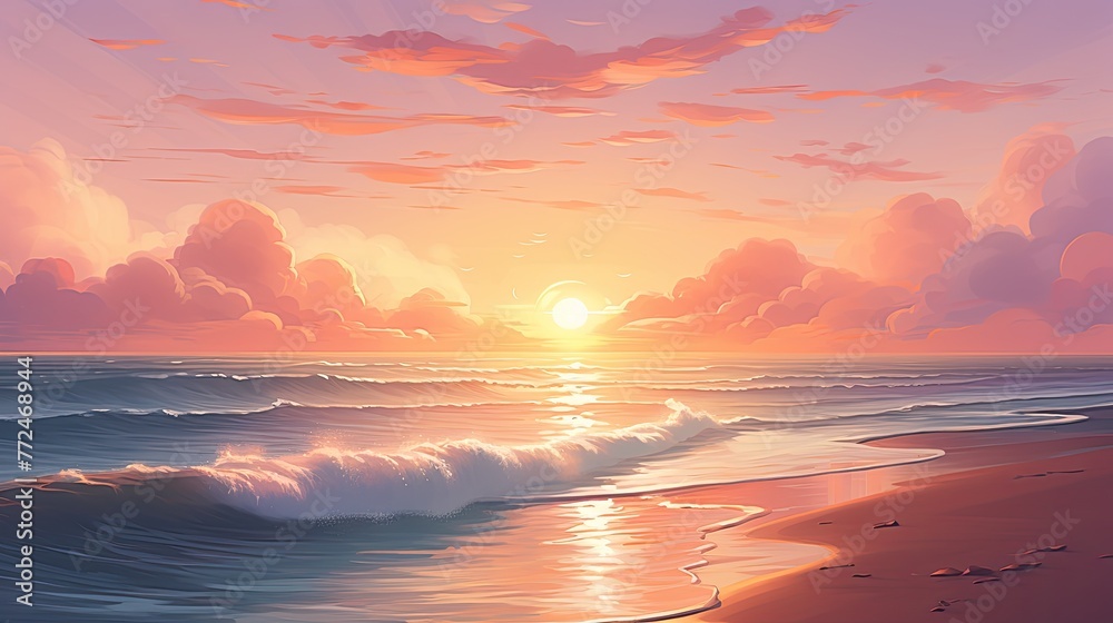 A serene beach scene with gentle waves and a pastel peach sky at sunset