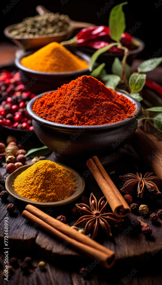   Background Spices and herbs for cooking on dark background Spices Seasonings,  drinks , Generate AI