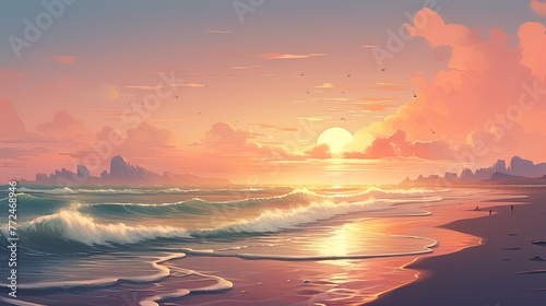 A serene beach scene with gentle waves and a pastel peach sky at sunset © DayByDayCanvas