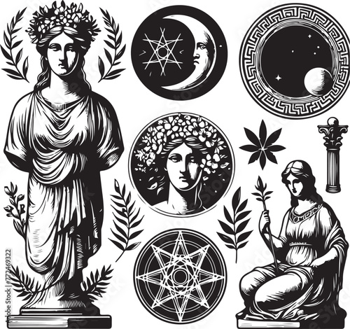 Greek ancient sculpture mystic set. trendy bohemian style. black color design.