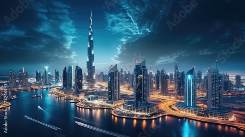 Dubai skyline at night  panoramic aerial top view to downtown city center landmarks. Famous viewpoint  United Arab Emirates