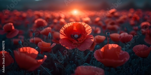 Vibrant poppy field symbolizes remembrance and sacrifice for fallen soldiers. Concept Poppy Field, Remembrance, Fallen Soldiers, Sacrifice, Symbolism photo