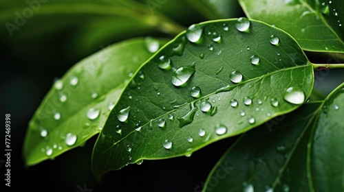 Exquisite details of water droplets on leaves in natural light