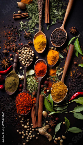  Background Spices and herbs for cooking on dark background Spices Seasonings, drinks , Generate AI