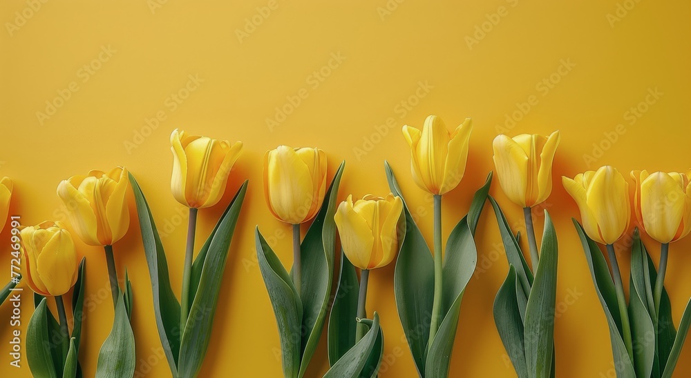 Obraz premium Row of Yellow Tulips Against Yellow Background