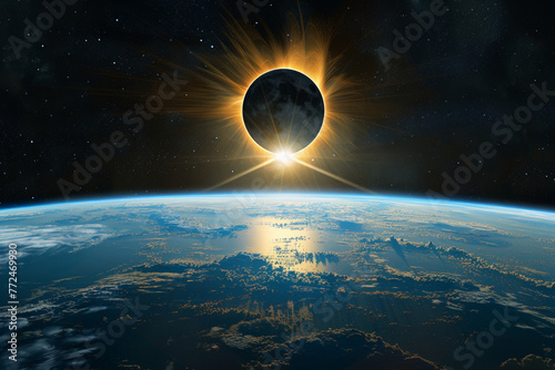 Breathtaking Solar Eclipse View from Space, Earth Bathed in Twilight, Solar Eclipse 2024, April 8