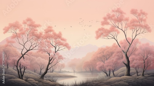 a serene morning scene with pastel peach skies and gently swaying trees