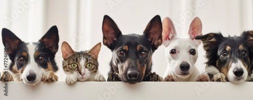 The picture of front view and close up of the multiple group of the various cat and dog in front of the bright white background that look back to the camera with the curious and interest face. AIGX03.