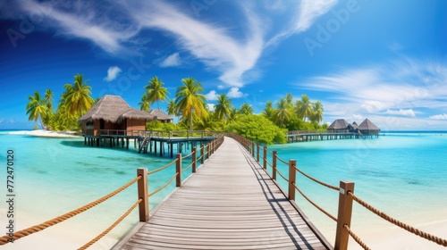 mazing panorama landscape of beach. Tropical beach landscape seascape, luxury water villa resort wooden jetty