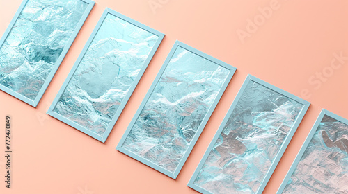 Seven minimalist art gallery poster frame mockups in icy blue, displayed in a diagonal line across a solid peach-colored wall, creating a cool, serene atmosphere in a minimalist layout.