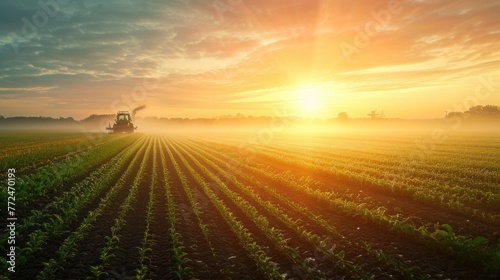 An early morning farmer s field  dew on crops  sunrise casting a golden glow  tranquil and fertile landscape. Resplendent.