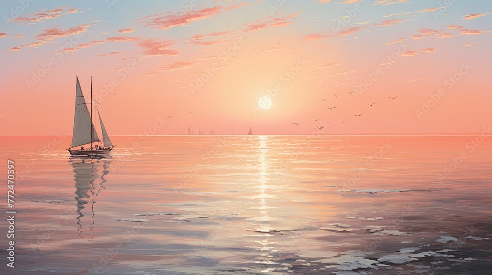 Render a serene pastel peach-colored seascape with sailboats gliding on calm waters. - obrazy, fototapety, plakaty 