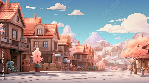 Render a charming pastel peach-colored village scene with quaint cottages. photo
