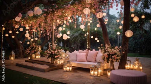 Picturesque garden party adorned with pastel pink decor and glowing lights