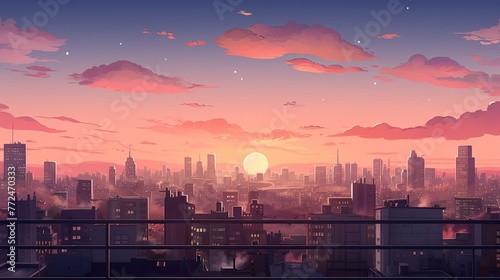 Render a romantic pastel peach evening cityscape with soft city lights.