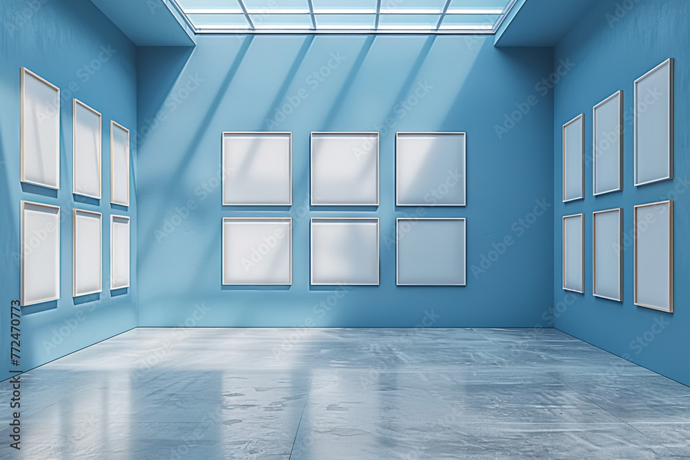 Picture of Soft, powder blue gallery walls with nine blank canvases, illuminated ...