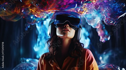 surrealistic scene of a girl with VR glasses immersed in liquid with neon lighting. metaverse concept, nft, creative art and technology. 3d rendering. fictional character © DayByDayCanvas