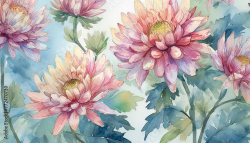 Vintage watercolor illustration of Chrysanthemum flowers. Beautiful floral pattern light background.