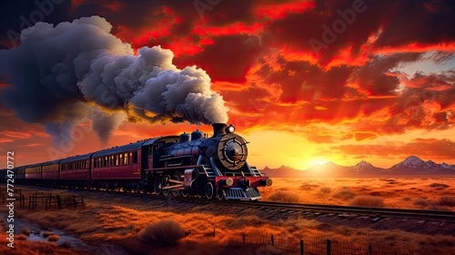 Train on the railroad, sunset background