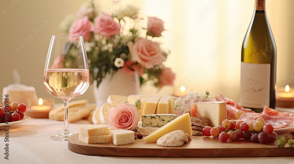 Wine and cheese tasting setup with elegant pastel pink-themed decor
