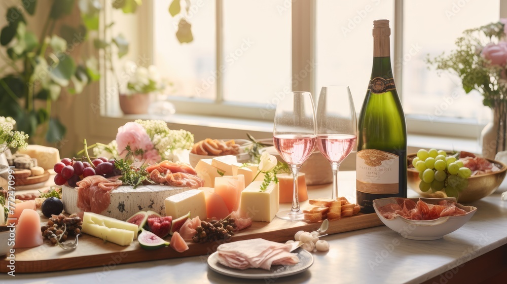 Wine and cheese tasting setup with elegant pastel pink-themed decor