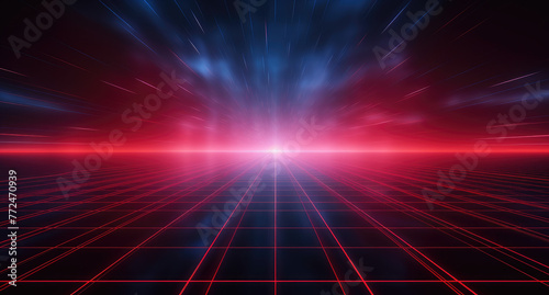 Red grid floor on a glow neon night red grid background, in the style of atmospheric clouds, concert poster, rollerwave, technological design, shaped canvas, smokey vaporwave background.