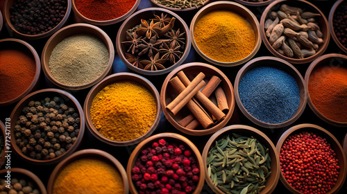   Colorful background of various herbs and spices for cooking in bowls  Spices - Seasonings  Food   India  Indian culture  Raw materials for banner design   Generate AI