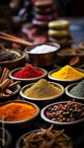  Colorful background of various herbs and spices for cooking in bowls, Spices - Seasonings, Generate AI