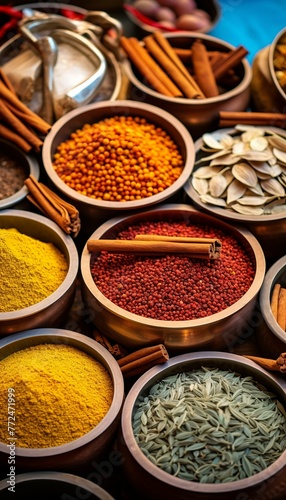  Colorful background of various herbs and spices for cooking in bowls, Spices - Seasonings, Generate AI © VinaAmeliaGRPHIC