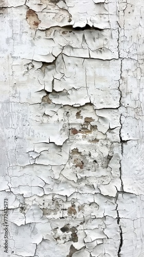 Vertical framing of a white painted surface  its weathered state highlighted by peeling paint and streaks of decay.