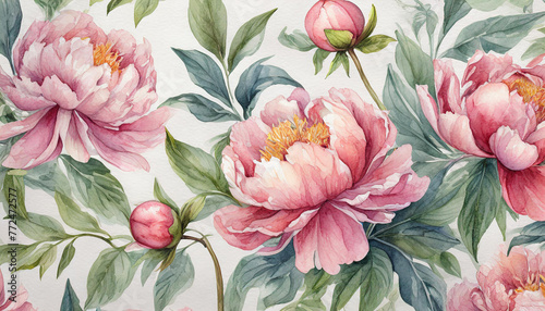 Vintage watercolor illustration of pink peony flowers. Beautiful floral pattern light background.