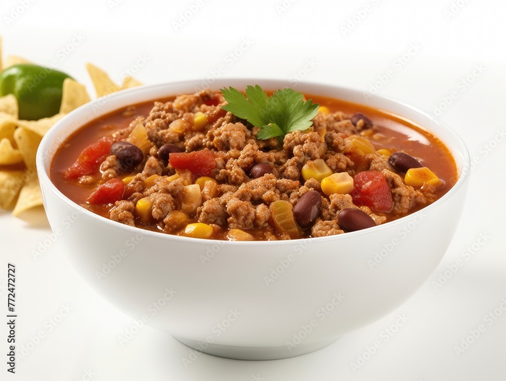 Bowl of chili with ground beef, tomatoes, corn, onions, beans. Chili topped with shredded cheese, served with side of tortilla chips. Bowl of chili with ground beef, tomatoes, corn, onions, beans. Chili topped with shredded cheese, served with side of tortilla chips.
