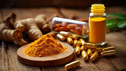  Natural Healing Herbal Medicine Turmeric, Nutritional   Turmeric, Pills, in the photo from a top angle Generate AI photo