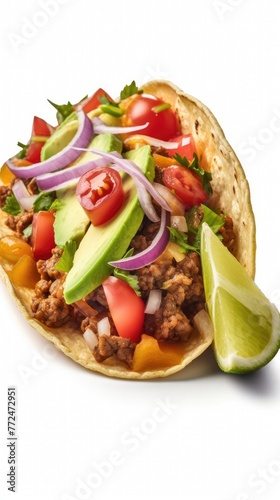 Close-up of taco with ground beef, tomatoes, onions, avocado, cheese on corn tortilla with lime wedge on side.