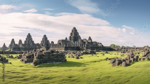 Ancient stone ruins on green field and Candi Prambanan or Rara Jonggrang  Hindu temple compound on background.