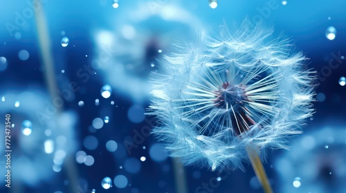dandelion on a blue background with water drops close-up