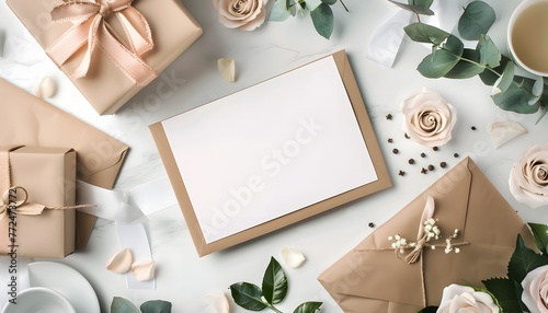 Mockup of greeting card or invitation. White paper, fresh green leaves, gift boxes and roses on a light. background.