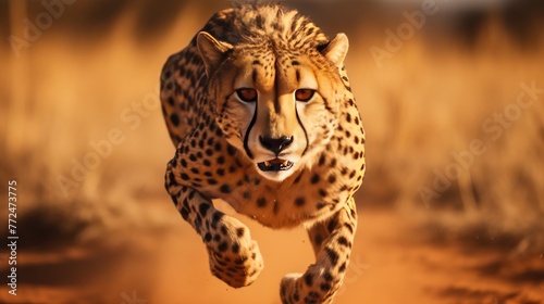 A close-up shot of a cheetah sprinting across the plains, its powerful muscles rippling beneath its sleek fur © DayByDayCanvas