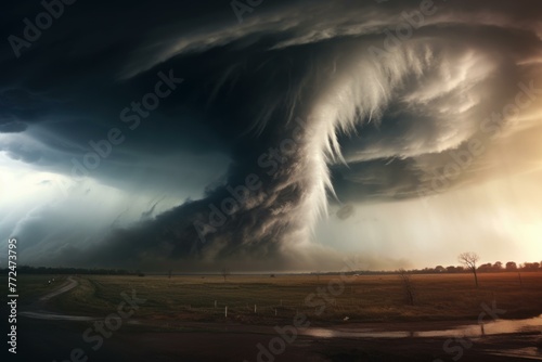 Storm tornado. Science field road. Generate Ai