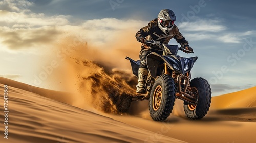 Competitive quad biker kicking up a plume of sand while racing over a sand dune Generate AI © VinaAmeliaGRPHIC