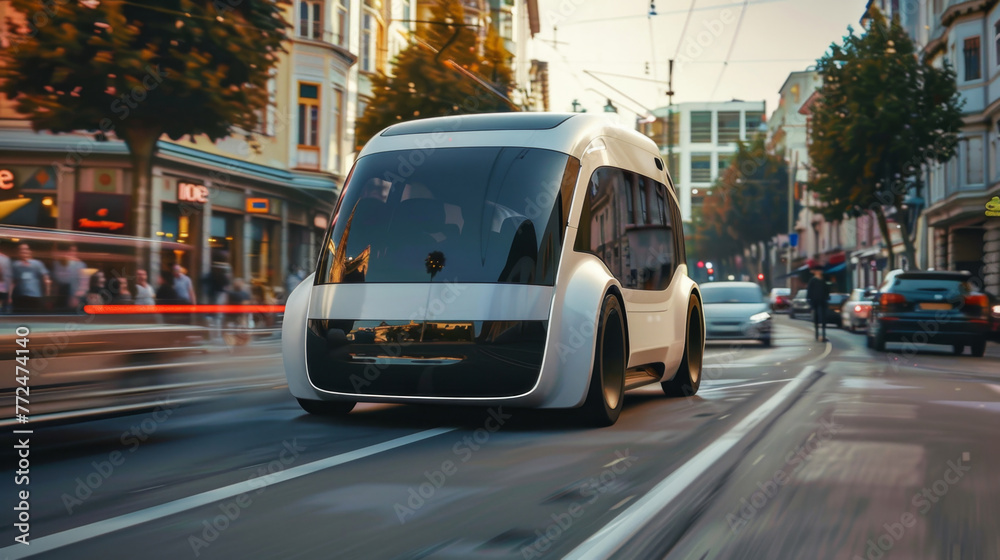 Autonomous Shuttle Bus Navigating Urban Street at Twilight