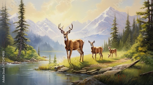 A family of deer grazing in a meadow, their peaceful movements radiating serenity and calm