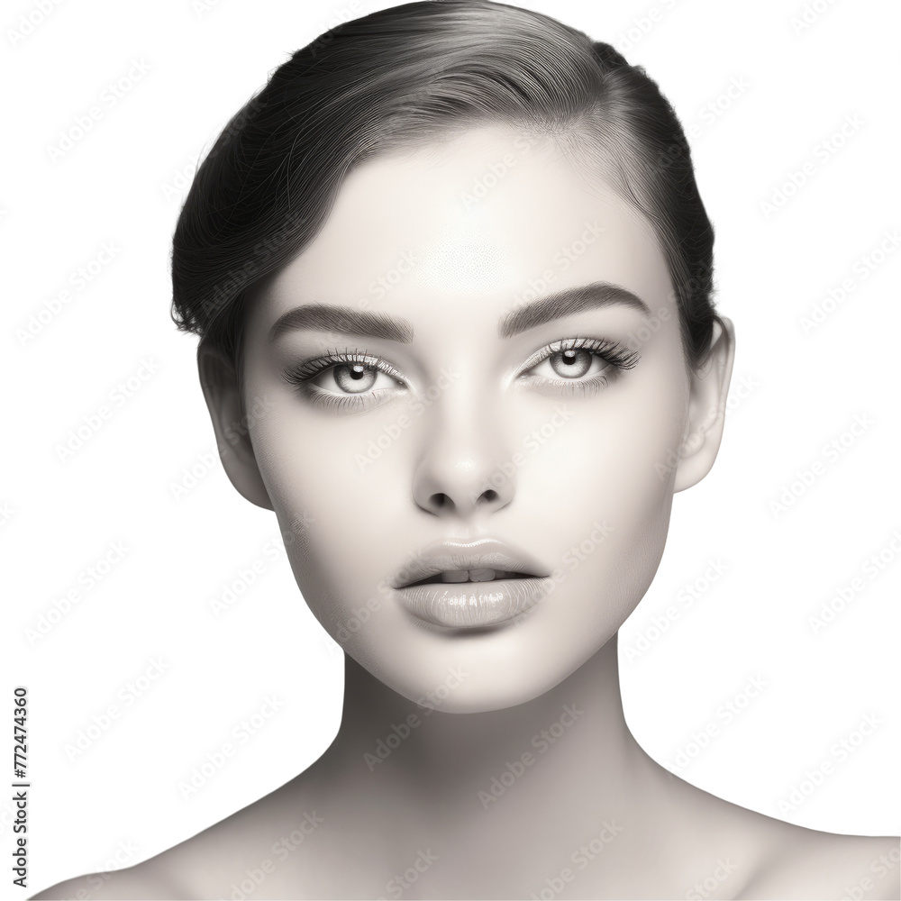 High contrast portrait of womans face with bold eyebrows and defined jawline on transparent High contrast portrait of womans face with bold eyebrows and defined jawline on transparent