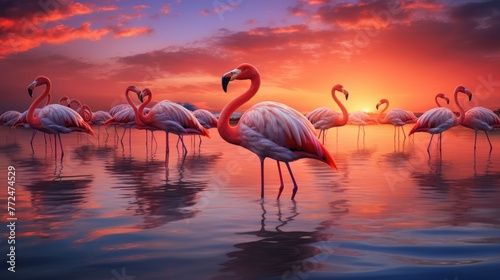 A flock of flamingos standing gracefully in a shallow lake, their pink feathers reflecting the vibrant sunset