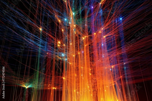 Intricate Web of Fiber Optic Cables Transmitting Data Signals 