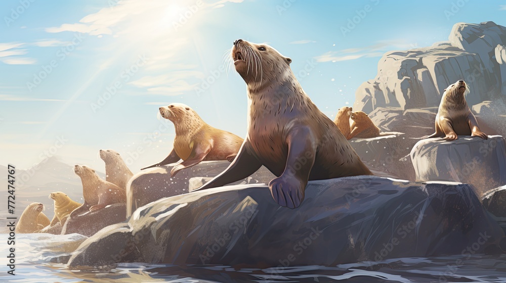 A group of seals basking on the rocks, their sleek bodies glistening in the sun and their playful barking echoing across the shore - obrazy, fototapety, plakaty 