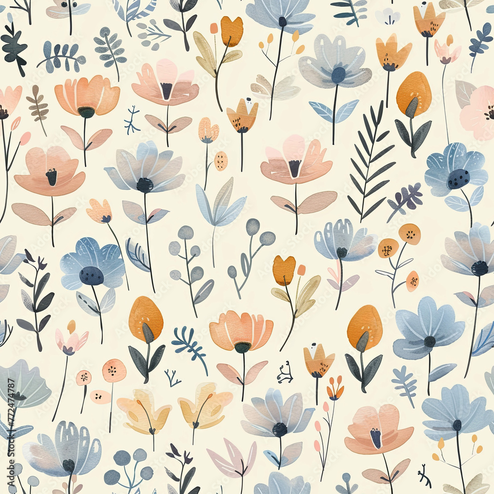 Sweet watercolor seamless pattern of cute floral designs in flat, pastel colors. Perfect for textile prints, wallpapers, and feminine-themed designs with a whimsical touch.